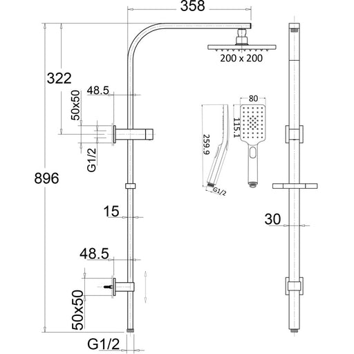 Messina Square Multifunction Shower Rail - Acqua Bathrooms