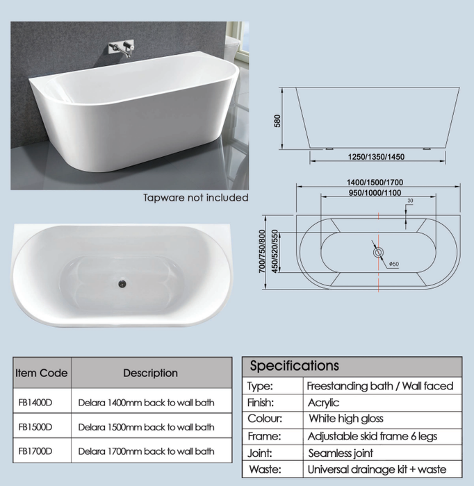 1500 mm Delara Back to Wall Freestanding Bath Tub - Acqua Bathrooms