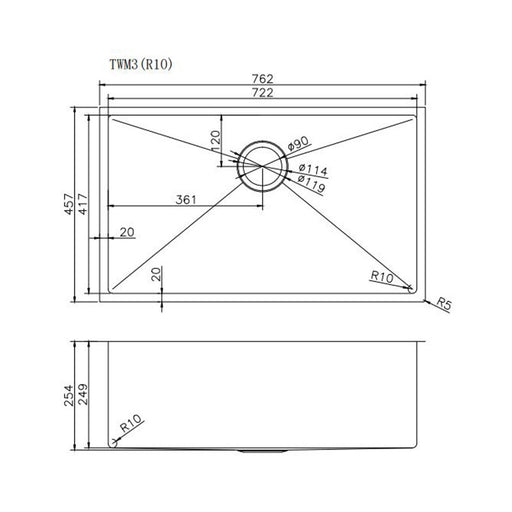 762 x 457 x 254 mm Kitchen Sink - Acqua Bathrooms