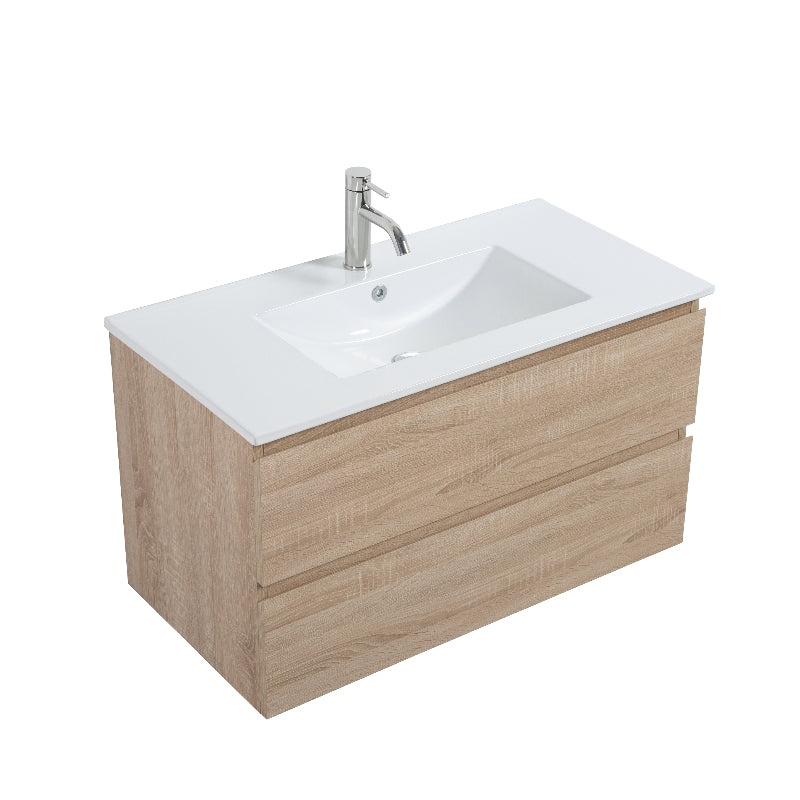 Avia 900mm White Oak Wall Hung Vanity With Ceramic Top | Indulge® - Acqua Bathrooms